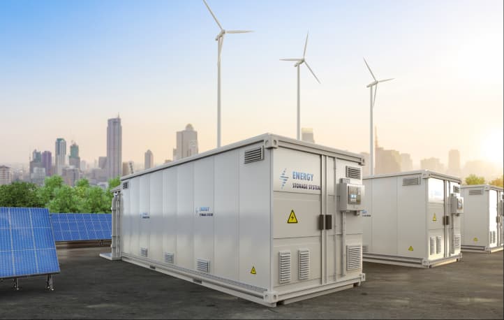 Container eines Großbatteriespeichers neben einem Umspannwerk