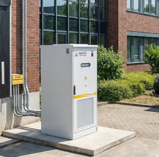Batteriespeicher als Schrank auf einem Betonfundament neben einem Gewerbegebäude